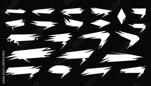 Set of jagged brushstroke speech bubbles in white on black for comic and graphic design