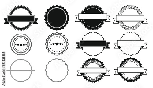 Collection of circular badge designs with ribbons scalloped edges and decorative borders in vector format