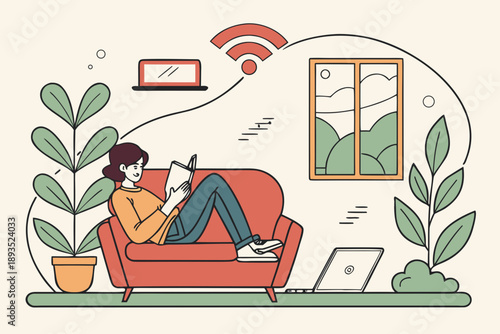 Woman working remotely in comfortable living room