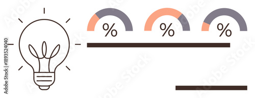 Creativity, data analysis, progress tracking, performance, business strategy, and information design. Light bulb with percentage arcs and progress bars. Creativity and data analysis visualization