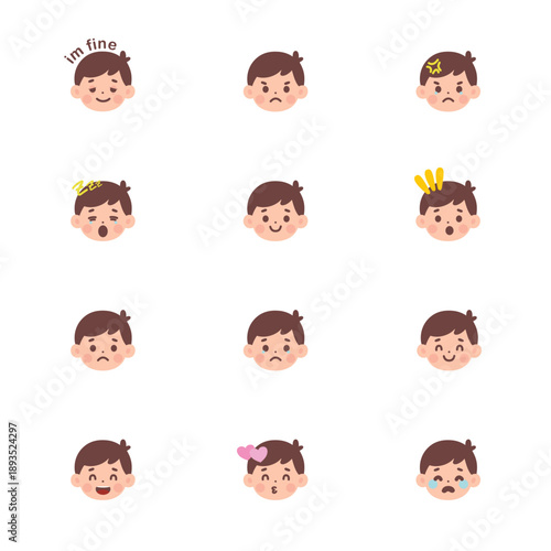 Cartoon boyface expressions set on white background.