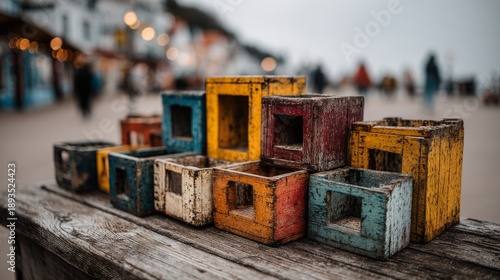 Assorted-sized, colorful stacked storage boxes designed to organize and beautify outdoor spaces