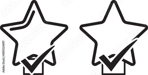 Minimalist black star icon with check mark for quality rating sign