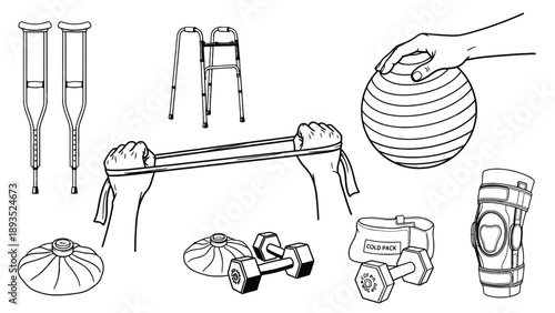 Comprehensive physical therapy and orthopedic rehabilitation icon set for clinical healthcare facility management and professional wellness industry business branding.