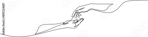 Continuous one line drawing of two hands reaching for each other.