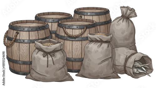 Illustration of wooden barrels and burlap sacks filled with grains and vegetables arranged together in a rustic setting