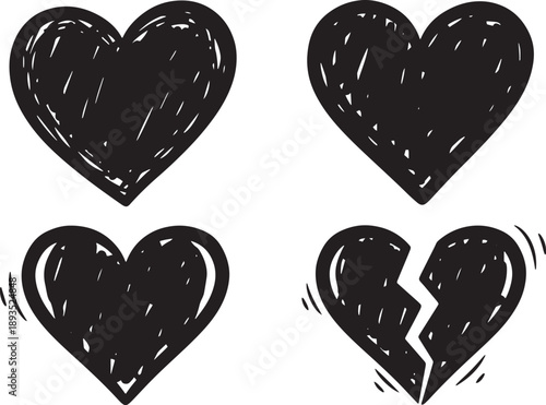 Drawn heart shapes and broken heart symbol