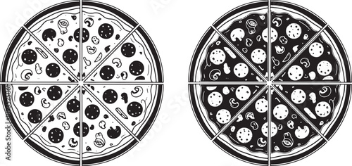Pizza slices with mushrooms and pepperoni, two design options, vector art
