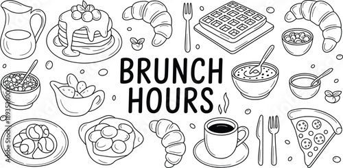 Brunch hours hand drawn food illustration with breakfast icons, pancakes croissants coffee waffles, minimal line art style, cafe menu design, black and white sketch