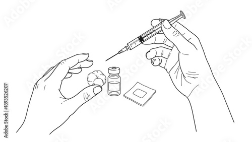 Preparing Vaccine Doses from Vial with Syringe Line Art for Immunization Clinics, Aseptic Preparation Protocols and Cold Chain Recordkeeping