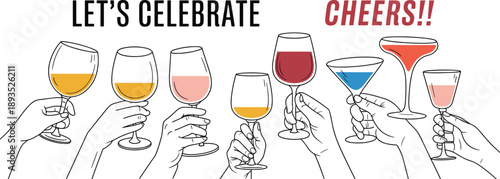 Celebration toast illustration, hands holding wine and cocktail glasses, cheers party concept, festive drinks banner, minimal line art style