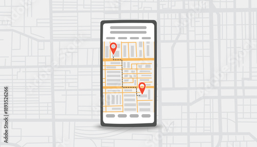 Travel destination concept banner2. Smart phone screen with route and points of destination on the city streets background. Flat vector illustration.