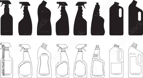 Set of cleaning detergent bottles sprayer for household chemicals silhouettes