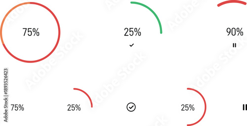 Circular progress indicator UI set with percentage completion rings colorful minimal vector dashboard elements for analytics apps web interfaces and data visualization