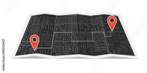 Black map of city and travel destination pins lying down on the surface in flat style. Concept of travel, destination, location, route. Vector background.