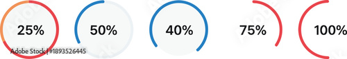 Circular progress indicator UI set with percentage values colorful minimal vector dashboard elements for analytics apps web interfaces and data visualization