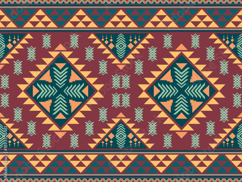 Seamless ethnic geometric pattern inspired by tribal and folk art. Decorative abstract background with bold shapes and warm colors, suitable for textile, wallpaper, fabric, and design projects.