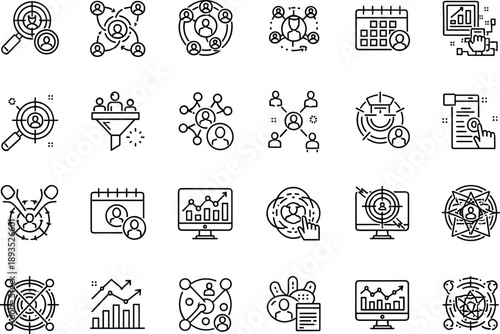 Human resources recruitment icons set, talent management analytics hiring teamwork network outline vector illustration collection