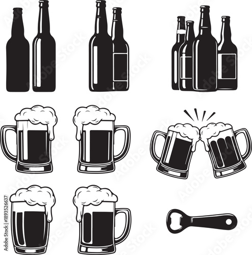 A collection of black and white illustrations depicts various beer bottles overflowing mugs and a bottle opener showcasing different drinking vessels high-quality professional detailed