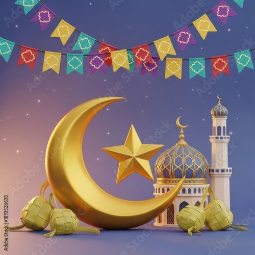 Golden Ramadan Crescent Moon, Star, Mosque and Ketupat Decorations