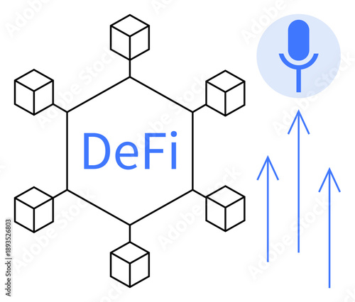 Fintech, decentralized finance, blockchain technology, audio communication, network visualization, podcast ideas. Hexagonal blockchain structure with audio microphone symbol and arrows. Decentralized