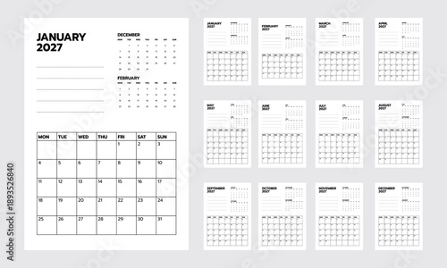 Calendar 2027 vertical size A4 template modern vector design. Week start monday.