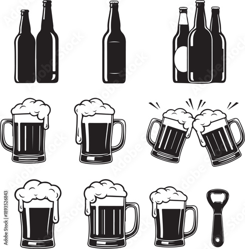 A black and white collection displays various beer bottles overflowing mugs with frothy heads and a bottle opener high-quality professional detailed modern elegant stylish