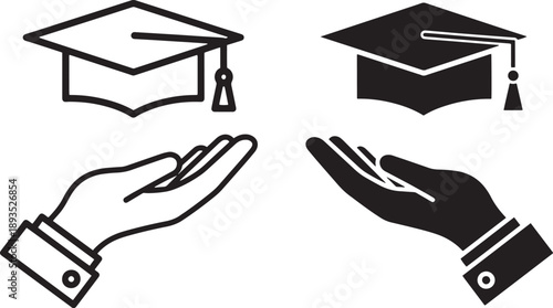 Graduation cap and hands icons representing education and achievement