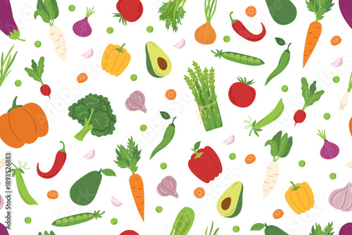 Vegetables seamless pattern. Nature background of different vegetables isolated on white. Gardening, farming and food concept. Vector flat banner.
