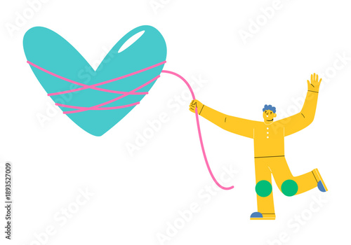 Man untying tangled thread in a heart. Psychology mental health concept. Colorful vector illustration