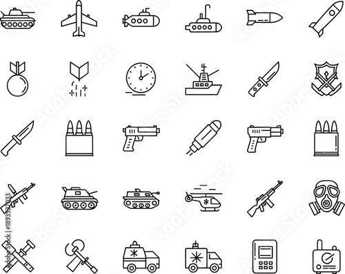 Military weapons icons set, army equipment warfare defense combat security outline vector illustration collection
