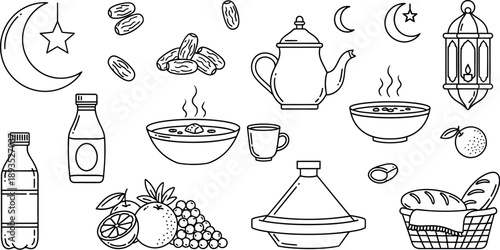 Ramadan evening meal spread with food and drink