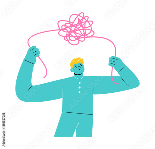 Man with tangled thread above. Mental health and psychological problems concept. Colorful vector illustration