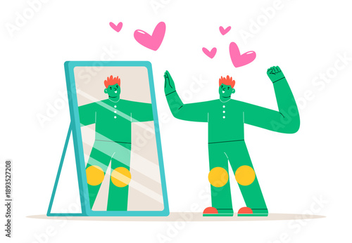 Man looks at herself in the mirror. Self love and happiness concept. Colorful vector illustration