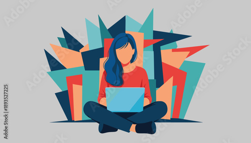 Modern illustration of remote worker with laptop surrounded by geometric shapes in vibrant colors