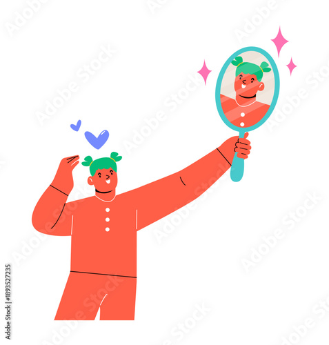 Smiling woman look in round shaped mirror satisfied with reflection. Concept of self-love and self-acceptance. Colorful vector illustration