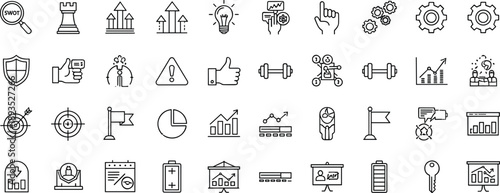 Business strategy icons set, SWOT analysis growth charts target success planning management outline vector illustration collection