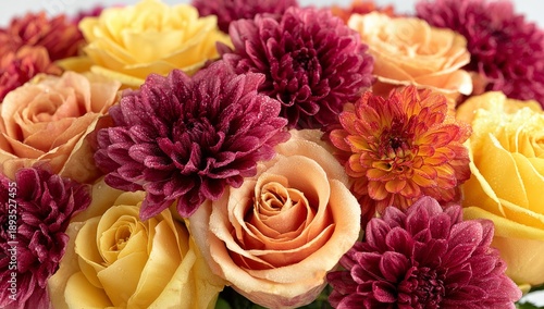 A vibrant arrangement of roses and dahlias in autumn colors set against a white background