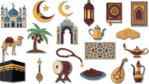 Ramadan decorations and symbols arranged on a table for celebration