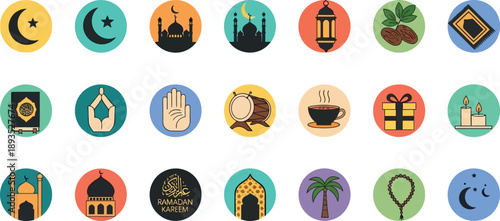 Ramadan Kareem icons depict various cultural symbols and objects in a colorful and festive manner on a white background