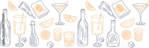 Hand drawn cocktail and drink line art illustration set, bottles glasses citrus slices, bar menu elements, modern sketch style design
