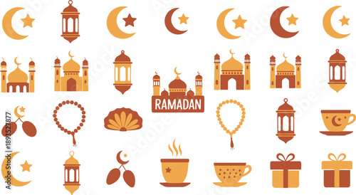 Ramadan celebration icons with mosque, lanterns, crescent moon and star symbols, gifts, food and drink on white background.