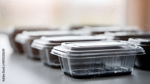Row of clear plastic takeaway containers with lids for food packaging.
