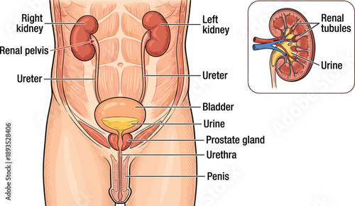 Male urinary system anatomy diagram, internal organs, kidney bladder urethra, medical chart, biology poster, flat vector illustration
