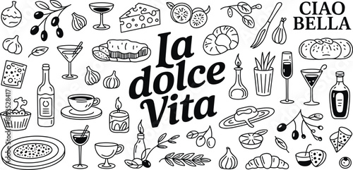 Hand drawn Italian food doodle illustration set, La dolce Vita lettering, pasta pizza wine olives desserts, vintage cafe restaurant icons