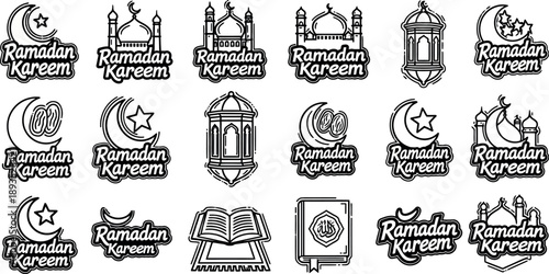 Ramadan Kareem celebration icons with mosque, crescent moon and lantern illustrations
