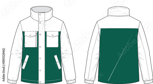 Two-tone casual jacket, flat vector illustration, front and back view, technical fashion sketch, outerwear design, garment template