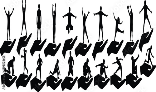 Large collection of black silhouette figures of people in dynamic poses standing jumping running crouching on giant open hands vector illustration set isolated on white background