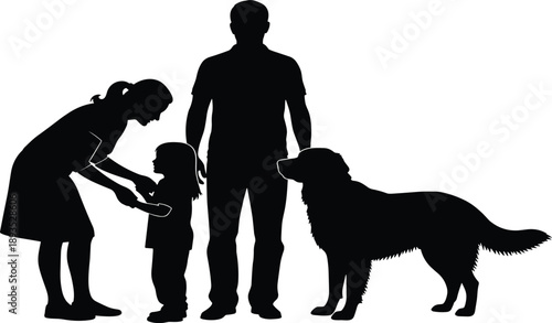 Black silhouette of happy family scene with mother feeding little girl child, father standing tall, and loyal Golden Retriever dog beside them vector illustration isolated on white