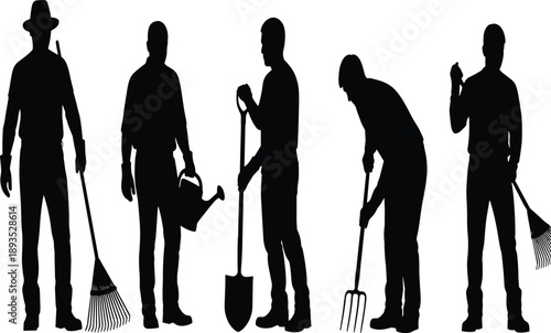 Black silhouette set of six male farmers or gardeners in various working poses holding rake watering can shovel hoe fork isolated vector illustration on white background